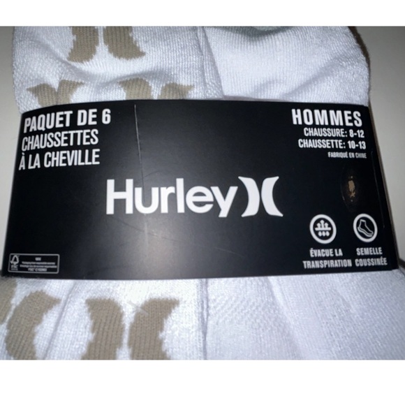 Hurley Quarter Crew Socks 6 Pair Men 8-12 White Gray w Mix Logo Surf RideCushion - Picture 5 of 10